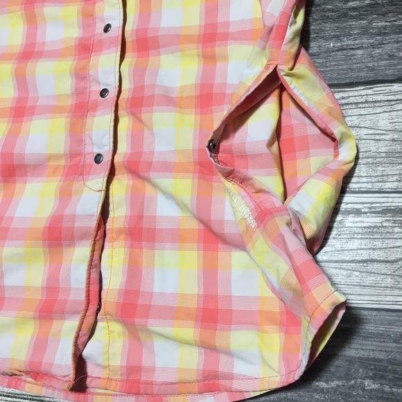 Helly Hansen Plaid Snap Button Shirt Women’s S Pink Yellow 1/2 Sleeve Collarless - Picture 9 of 9